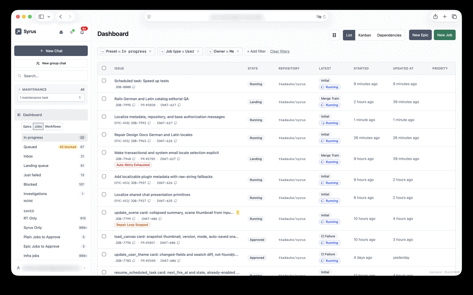 The Syrus dashboard turning GitHub issues into pull requests.